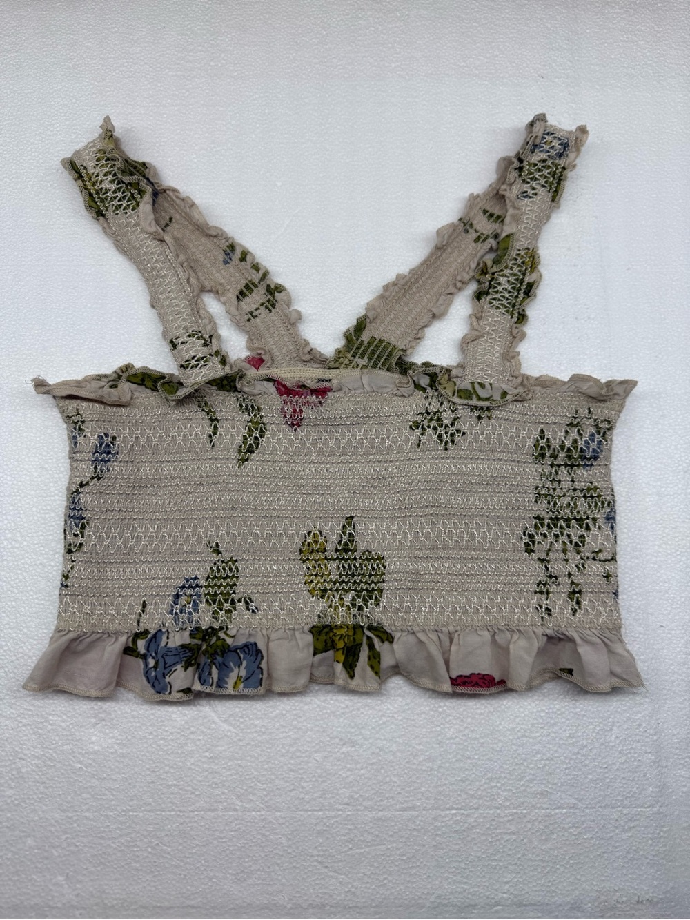 UO Out From Under Smocked Ruffle Crop Top/Bralette Ditsy Floral Beige